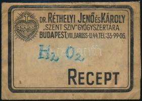 Dr. Réthelyi Jenő és Károly Szent Szív Gyógyszertára Budapest VIII. receptboríték