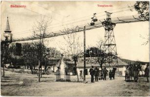 1908 Badacsony, Badacsonytomaj; Templom tér, sodronykötélpálya, ipari drótkötélpálya teherszállításhoz. Kiadja Mérei Ignác 552. sz. (EK)