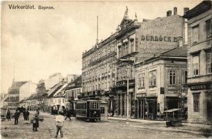 1908 Sopron, Várkerület, Pannonia szálloda és Magyar király szálloda, villamos, Dürböck szobafestő Torna utcai üzletének reklámja egy házfalon, Lederer Testvérek üzlete. Kiadja Kummert L. utóda 347. sz. (EK)