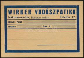 cca 1930 Wirker Vadászpatika Rákoskeresztúr kitöltetlen számla