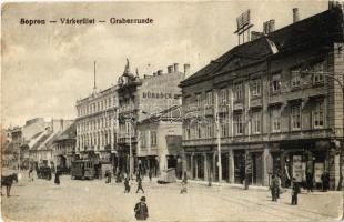 1925 Sopron, Várkerület, villamos, Dürböck szobafestő Torna utcai üzletének reklámja egy házfalon, Kolb Simon, Lederer Testvérek üzlete. Kiadja Piri Dániel 788. (Rb)