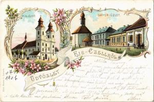1901 Kiscell, Celldömölk; templom, Gayer üzlete. Kiadja Fischer G. Art Nouveau, floral, litho
