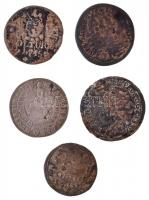 5db-os vegyes magyar és osztrák poltura és krajcár tétel, közte 1709. Poltura Ag "I. József&quo...