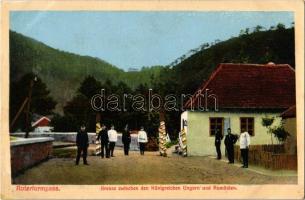 Vöröstoronyi-szoros, Roterturmpass, Pasul Turnu Rosu; Grenze zwischen den Königreichen Ungarn und Rumänien / Magyar-román határ, határőrök. Kiadja Georg Meyer / Hungarian-Romanian border, customs office, border guards