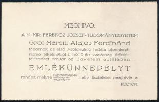cca 1930 Meghívó a M. Kir. Ferenc József Tudományegyetem által rendezett Gróf Marsili Alajos Ferdinánd emlékünnepélyre