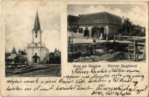 1915 Újegyház, Leschkirch, Nocrich; Evangélikus erődtemplom, utcakép, fahíd, J. Bernhardt üzlete és saját kiadása / Lutheran fortified church, street, wooden bridge, publishers shop (EK)