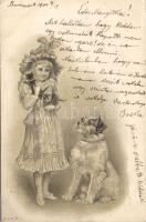 Girl, dog Embossed litho