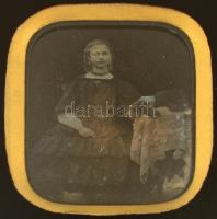 cca 1855 Fiatal hölgyet és kutyát ábrázoló ambrotípia (dagerrotípiához hasonló eljárás) Üveg mögött keretbe installálva 13x15 cm