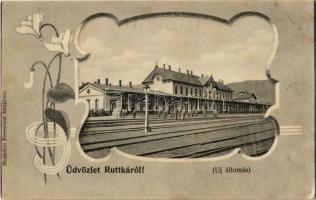 1918 Ruttka, Vrutky; Új vasútállomás. Moskóczi Ferencné kiadása / new railway station. Art Nouveau