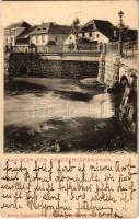 1902 Besztercebánya, Banská Bystrica; Rákóczy tér, folyó, híd, üzlet. Ivánszky Elek kiadása / square, river, bridge