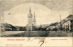 Gálszécs, Secovce; Bocskai tér, templomok. Koch Gábor kiadása / square with churches. Art Nouveau