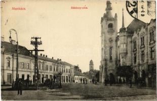 1912 Munkács, Mukacheve, Mukacevo; Rákóczi utca, Rosner, Grünfeld üzlete. Kiadja Vásárkövy János 1586. / street view, shops (EK)