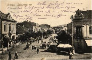 1914 Ungvár, Uzshorod, Uzhorod; Széchenyi tér, üzletek, piaci árusok. Kiadja Singer Laura / square, shops, market vendors (EK)