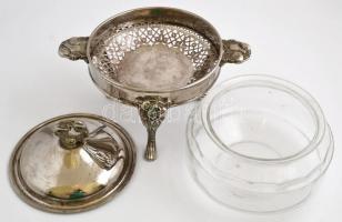 Ezüstözött alpakka puncstartó fedővel, üvegbetéttel, jelzés nélkül, m:37 cm