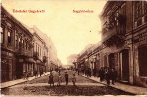1908 Ungvár, Uzshorod, Uzhorod; Nagyhíd utca, Güntzler Henrik, Goldstein, Schwartz Dávid, Cseró Soma üzlete. W. L. 390. / street view with shops (EK)