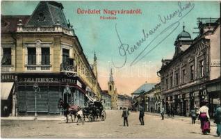 Nagyvárad, Oradea; Fő utca, Dr. Kovács fogorvos, Kolosvári, Kádár János, Weisz Károly, Zala Ferenc, Ausländer Berta üzlete. Rákos Vilmos kiadása / main street, dentist, shops