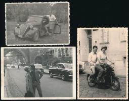 cca 1950-1970 Régi autók, moped, 3 db fotó, 6×9 és 7×10 cm közötti méretekben