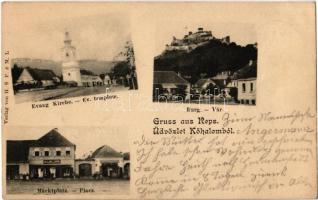 1901 Kőhalom, Reps, Rupea; Evangélikus templom, Piac tér, vár, M. Lang és fia üzlete / church, square, shops, castle