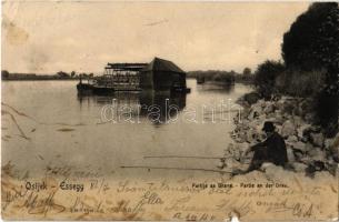 1904 Eszék, Essegg, Osijek; Partija sa Drave / Partie an der Drau / Dráva part, vízi hajómalom / Drava riverside, floating watermill (boat mill) (szakadás / tear)