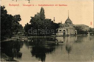 1912 Budapest XIV. Városligeti tó, evezős csónak, sportpavilon. Taussig Arthur 5459.