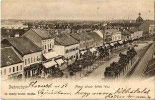 1904 Debrecen, Piac utca keleti része üzletekkel. Ifj. Gyürky Sándor kiadása (EK)