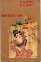 1904 La guerre amusante. Bombardement. Litho art postcard. M. Raschka signed Raphael Kirchner (vágott / cut)
