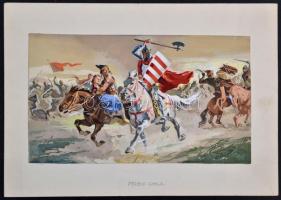 Fejes Gyula (1895-1956): Szent László a leányrabló kun nyomában. Tempera, papír, jelzés nélkül, 13,5...