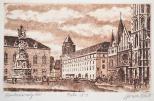 Gönczi Béla (1934-): Szentháromság tér. Rézkarc, papír, jelzett, 9×14,5 cm