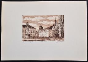 Gönczi Béla (1934-): Szentháromság tér. Rézkarc, papír, jelzett, 9×14,5 cm