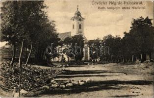 1911 Palotás, Nógrádpalotás (Nógrád); Katolikus templom és utca, kacsák. Braun Jenő kiadása (EK)