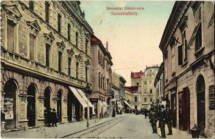 1913 Szombathely, Berzsenyi Dániel utca, üzletek, úriemberek, villamos sín