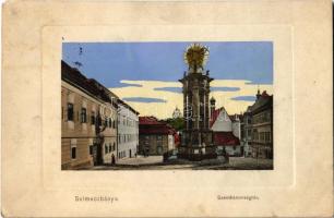 1910 Selmecbánya, Banská Stiavnica; Szentháromság tér és szobor. Kiadja Joerges / Holy Trinity Square with statue (kis sarokhiány / small corner shortage)