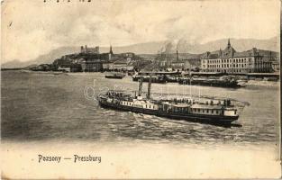 1905 Pozsony, Pressburg, Bratislava; Vár, "Vesta" gyorsgőzös. "Bediene dich allein" / castle, steamship (EK)