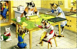 Cats making a mess in the kitchen while baking. Alfred Mainzer ALMA No. 4702. - modern postcard
