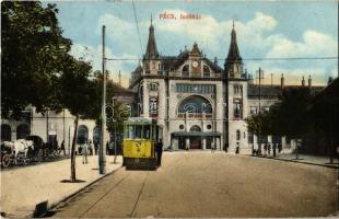 1916 Pécs, Indóház, vasútállomás, 4-es számú villamos a vezetővel