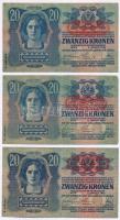 1913. 20K (3x) II. kiadás, mindhárom piros "DEUTSCHÖSTERREICH" felülbélyegzéssel T:III szé...