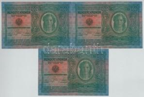 1912. 100K (3x) sorszámkövetők, mindhárom piros "Deutschösterreich" felülbélyegzéssel T:II