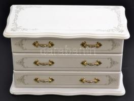 Háromfiókos fehér ékszertartó szekrény, kis festékhiányokkal, 26×13×17 cm