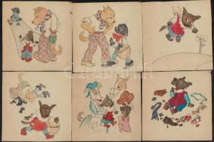 Jelzés nélkül 11 db állatos karikatúra, akvarell-tus, papír, 13x13 cm