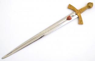 Lengyel koronázási kard, replika, leírással, fa dobozban, h: 25,5 cm