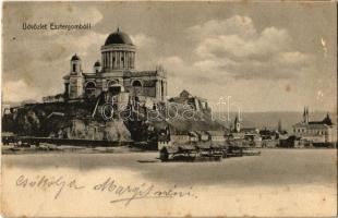 1905 Esztergom, Bazilika, előtte a Dunán úszó vízi hajómalmok, hajómalom. Kiadja Kardos Dezső / Danube floating watermills (boat mills) (fl)