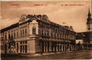 1912 Eperjes, Presov; Kassai út, Görögkatolikus káptalani bérpalota, Görögkatolikus templom, Trösztler Kálmán üzlete. Kiadja Divald Károly Fia / street view, Greek Catholic church and tenement palace, shop (apró sarokhiány / tiny corner shortage)