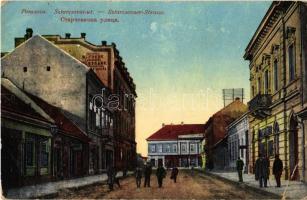 1914 Pancsova, Pancevo; Sztarcsovai út, Népbank, üzletek. Kiadja Kohn Samu / street view, bank, shops (EB)