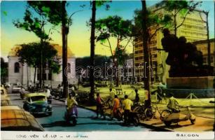 1974 Saigon, Ho Chi Minh City; Gong Vien Le Loi / Le Loi park with automobiles, motorbike and bicycles