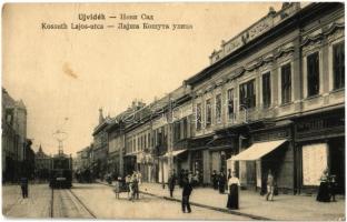 Újvidék, Novi Sad; Kossuth Lajos utca, villamos, Krausz D. és Schwarz Vilmos üzlete / street, shops, tram