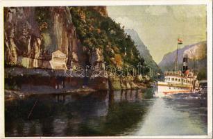 Kazán-szoros, "Margit" termesgőzös, oldalkerekes gőzhajó. MFTR Művészlevelzőlap / "Margit" Hungarian sidewheeler passenger steamer, Cazane Gorge, Tabula Trajana (EK)