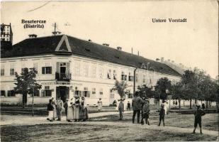 1911 Beszterce, Bistritz, Bistrita; Alsó előváros, utca, Jónásch Willibald vendéglője. Fritz Stolzenberg kiadása / Untere Vorstadt, Gasthaus / street view with restaurant (EK)