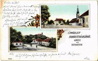 1907 Borostyánkő, Bernstein; tér, templom, üzletek / Platz, Kirche, Geschäfte / square, church, shops. floral