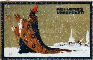 1923 Kellemes Ünnepeket! Krampusz és Mikulás. Kiadja Rigler József Ede rt. / Krampus and Saint Nicholas greeting art postcard s: P.S. (EK)
