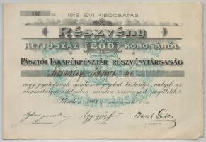 Pásztó 1918. Pásztói Takarékpénztár Részvénytársaság részvénye 200K-ról, szelvényekkel T:II
